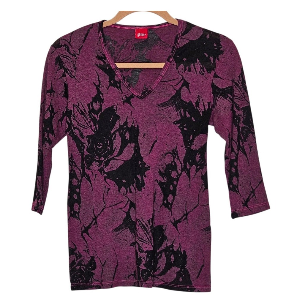 Glima Purple Black Floral Burnout V Neck Top Shirt Womens Whimsigoth Vamp Dark S